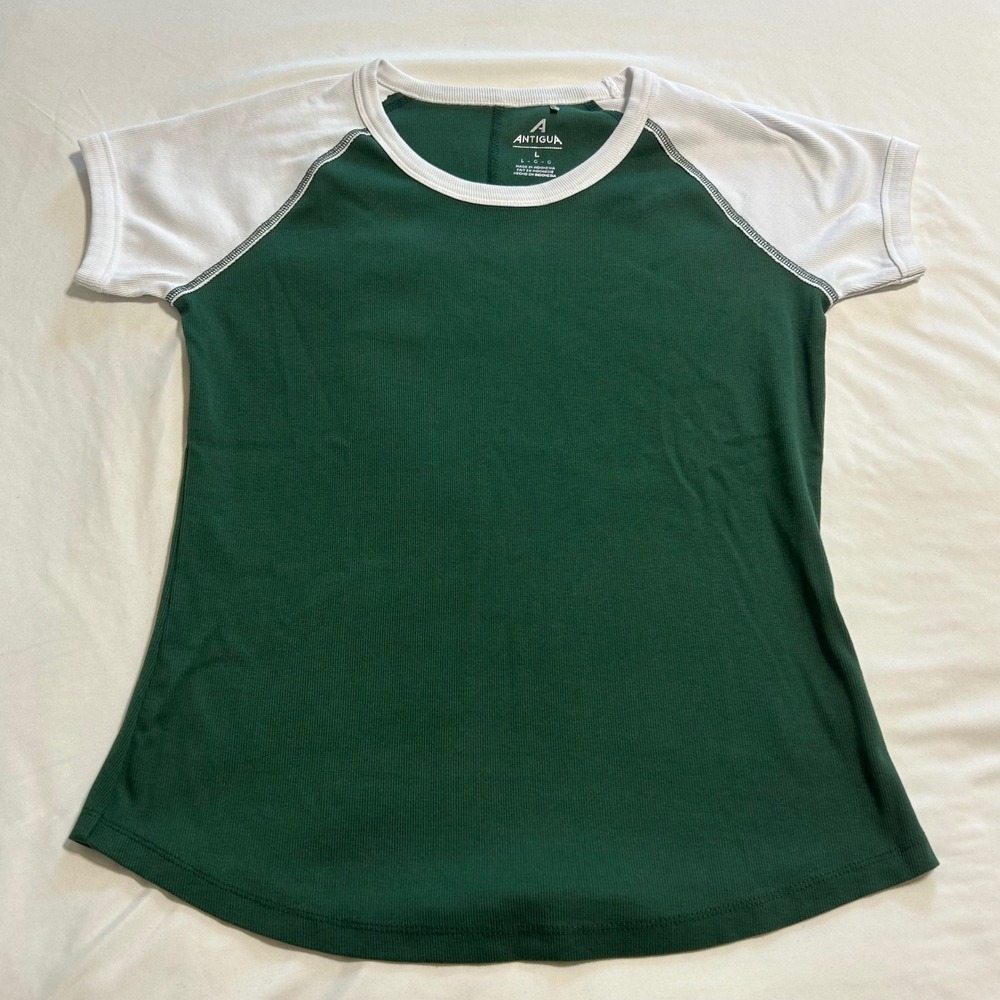 Antigua Womens Green White Raglan Ribbed Short Sleeve Tee Shirt Large 105947